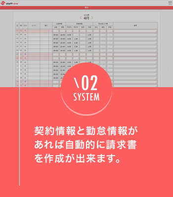 02 SYSTEM 契約情報と勤怠情報があれば自動的に請求書を作成が出来ます。