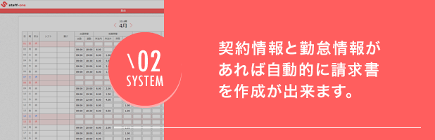 02 SYSTEM 契約情報と勤怠情報があれば自動的に請求書を作成が出来ます。